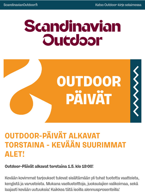 Outdoor-Päivät alkavat torstaina - kevään suurimmat alet!