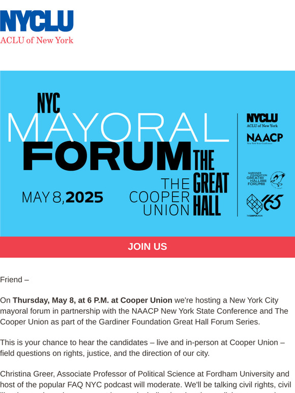 JOIN US at our NYC mayoral forum on civil rights and liberties