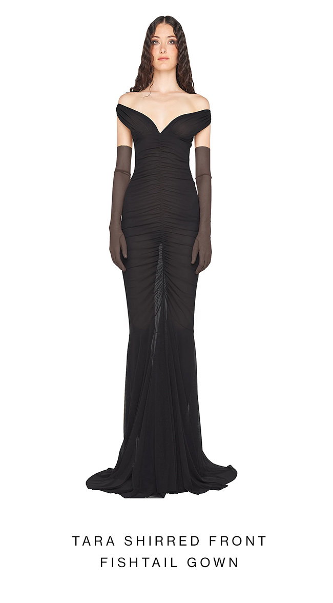 TARA SHIRRED FRONT FISHTAIL GOWN