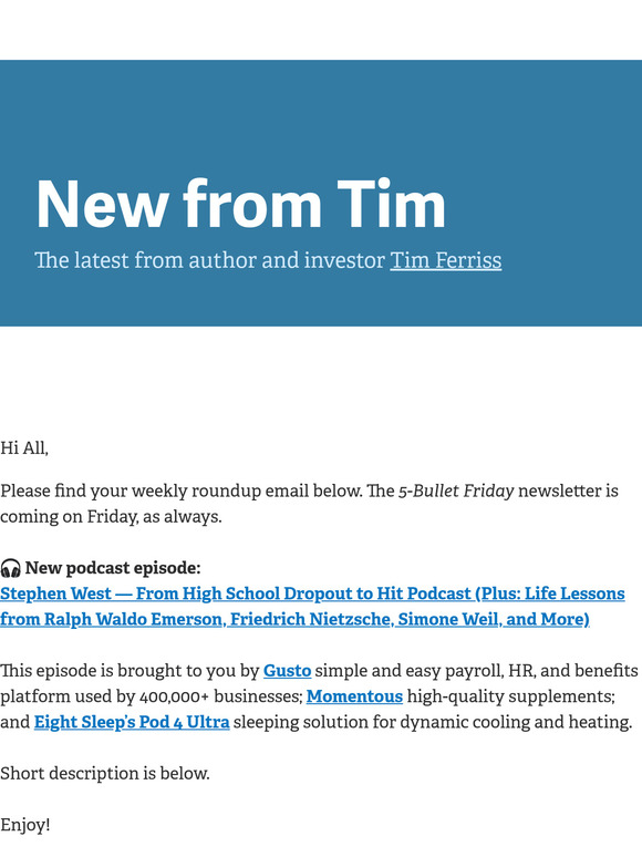 New from Tim — "Stephen West — From High School Dropout to Hit Podcast, and from Stocking Groceries to Reading Philosophy for a Living"