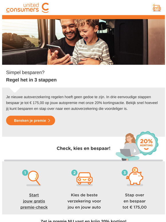 In 3️⃣ stappen tot E 175,00 besparen op je autoverzekering! Zet je premie NU vast met 20% korting