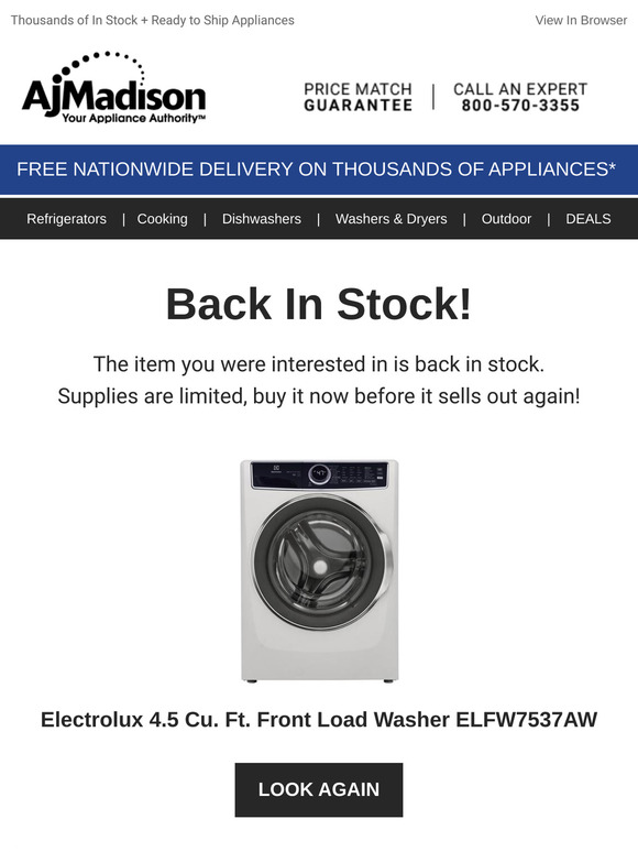Back in stock! Electrolux 4.5 Cu. Ft. Front Load Washer ELFW7537AW