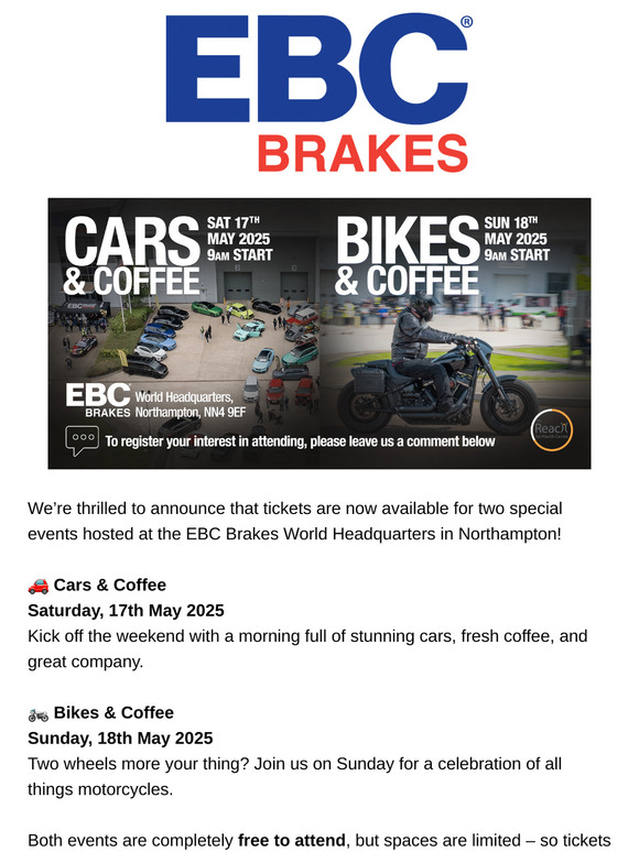 Tickets Available Friday – EBC Brakes Cars & Coffee and Bikes & Coffee Events!