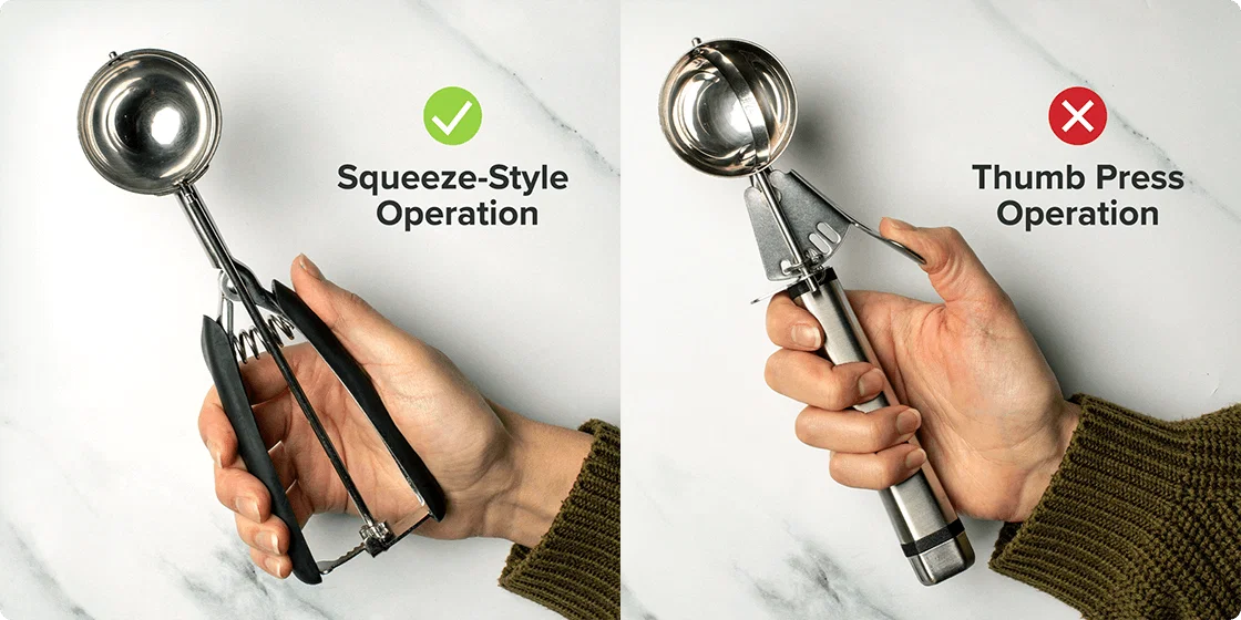 Thumb press style scoop and squeeze-style scoop.