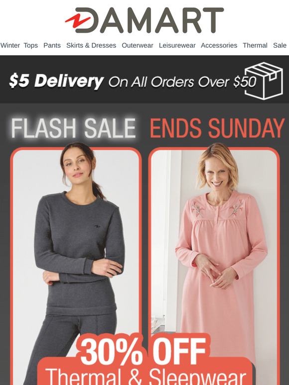 FLASH SALE: Save 30% Off Thermal & Sleepwear! PLUS Exclusive $5 Delivery on Orders Over $50!