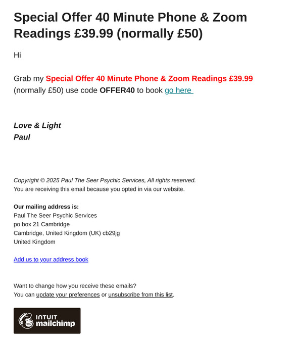 Special Offer 40 Minute Phone & Zoom Readings £39.99