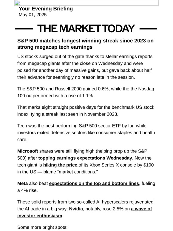 S&P 500 matches longest winning streak since 2023 on strong megacap tech earnings