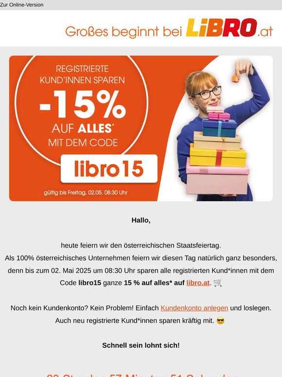 Nur für kurze Zeit: -15% bei deinem Einkauf auf libro.at 🎉