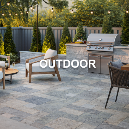 Caption: OUTDOOR. Patio area with gray and white stacked stone ledger grilling station.