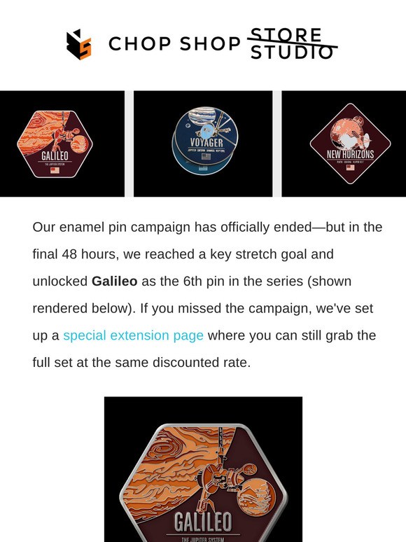 Easy One-Click Buy Page: Galileo & Rosetta Added to Full Spacecraft Pin Set — No Crowdfunding Reward Level Choices or Accounts Needed