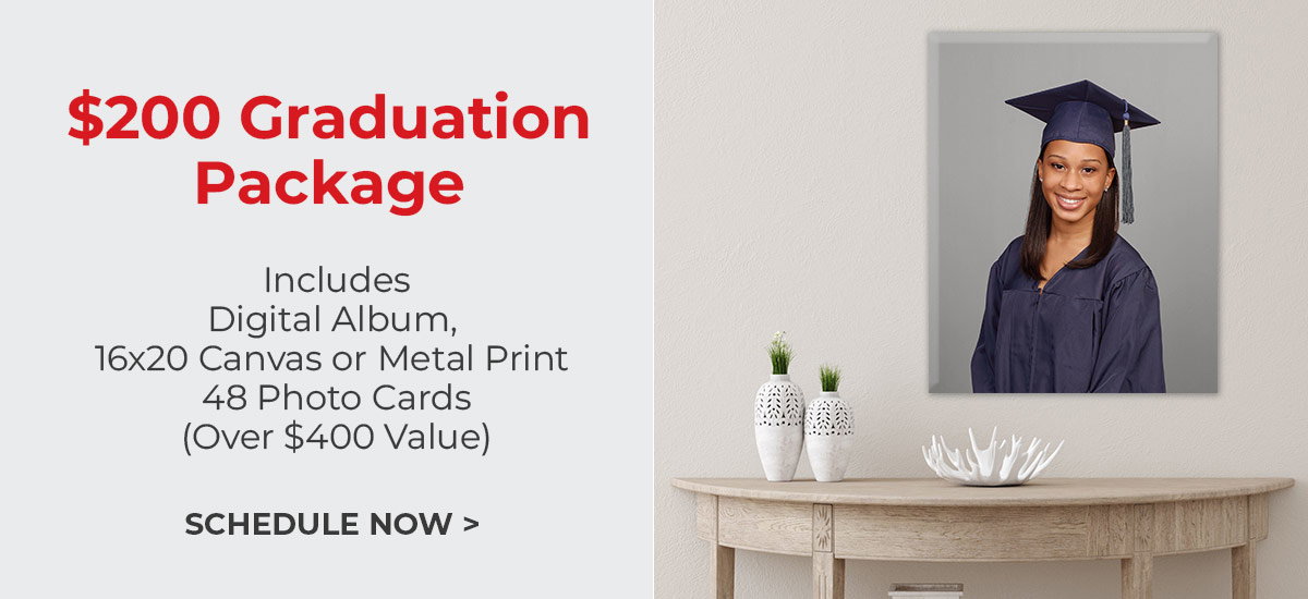 $200 Graduation package (includes your digital album, 16x20 canvas or metal print, and 48 photo cards. Over $400 value)