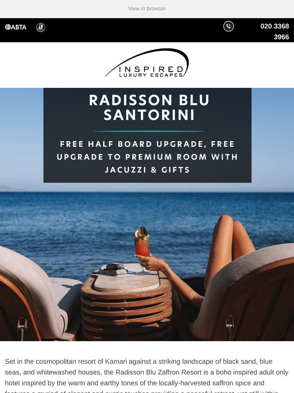 5* Radisson Blu Zaffron Santorini with FREE half board upgrade