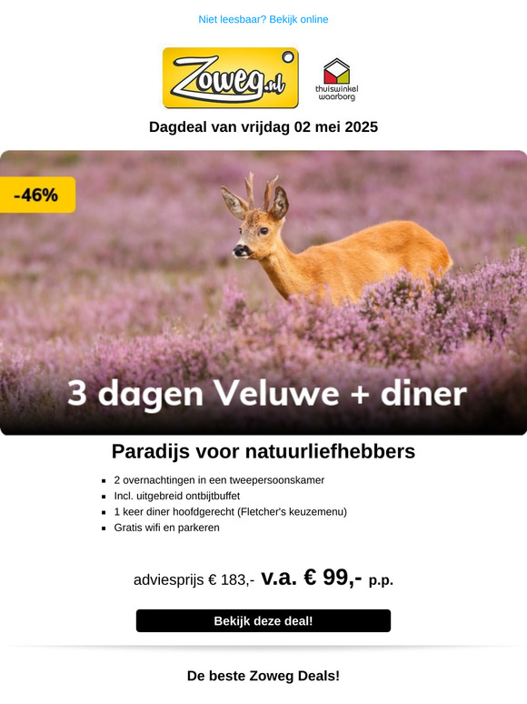 3 dagen Veluwe incl. diner v.a. 99,-