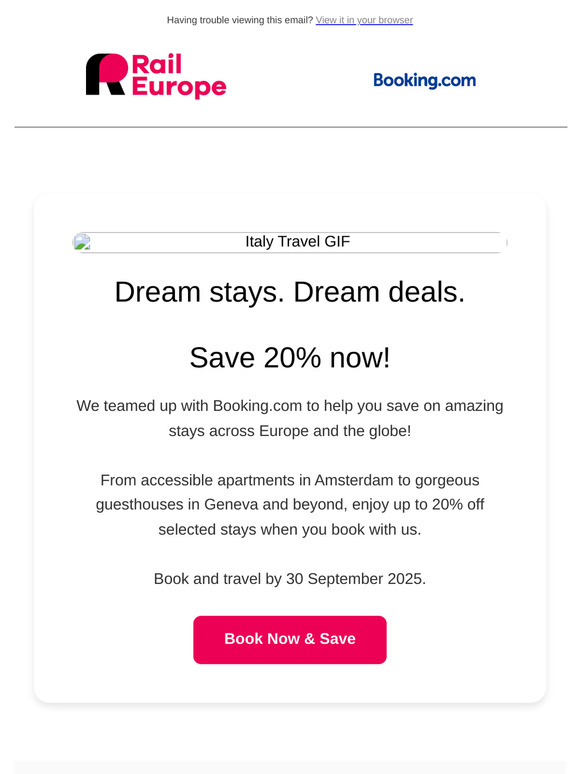 Enjoy Your Stay for Less - Exclusive 20% Off with Rail Europe x Booking.com