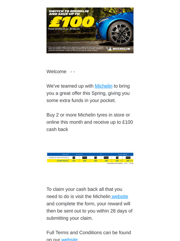 Claim up to £100 cash back with Michelin tyres!    — —