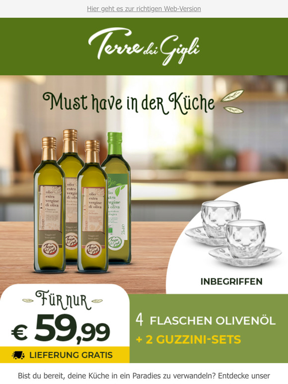 2 Sets Guzzini Tassen und 4 Flaschen hochwertiges Olivenöl für nur 59,99 € ✨ - Lieferung gratis