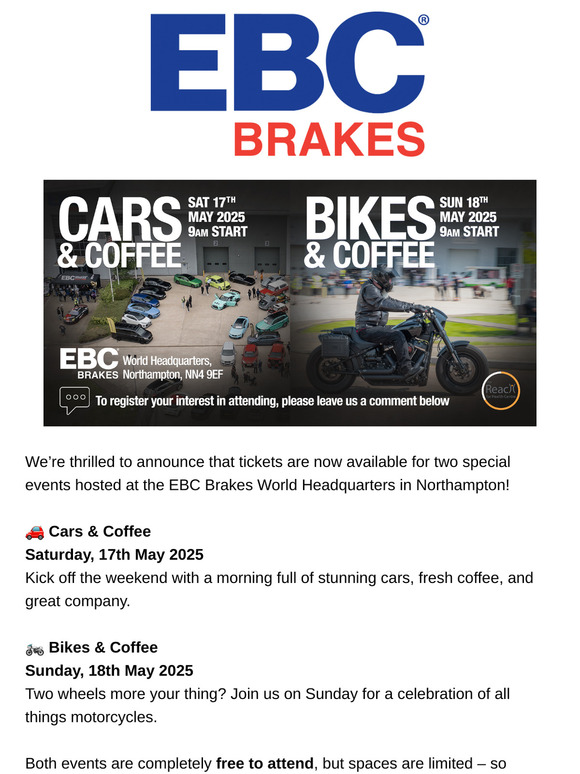 Tickets Now Available – EBC Brakes Cars & Coffee & Bikes & Coffee Events!