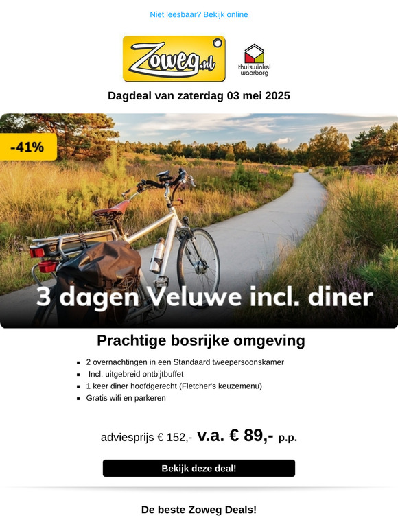 3 dagen Veluwe incl. diner v.a. 89,-