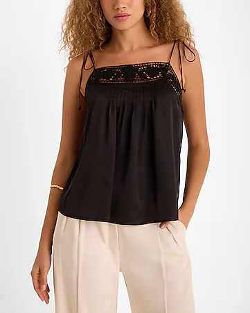 Lace Trim Pleated Front Tie Strap Cami
