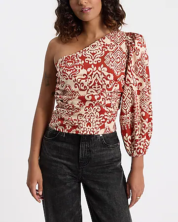 Printed One Shoulder Balloon Sleeve Ruched Top