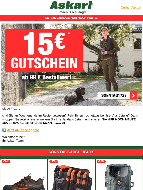 Sonntag ist Bestelltag! | Sparen Sie heute 15€ auf ALLES!