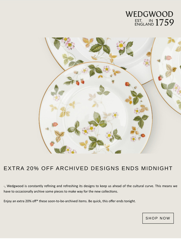Extra 20% off our archived designs ends midnight