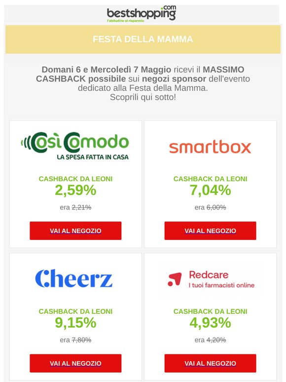 Festa della Mamma - Domani 6 e Mercoledì 7 Maggio ricevi il massimo cashback possibile
