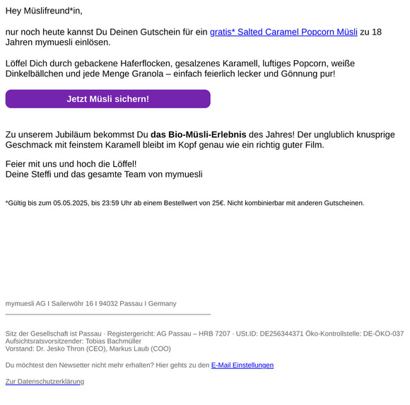 ⏳ Gratis Jubiläumsmüsli – letzte Chance!