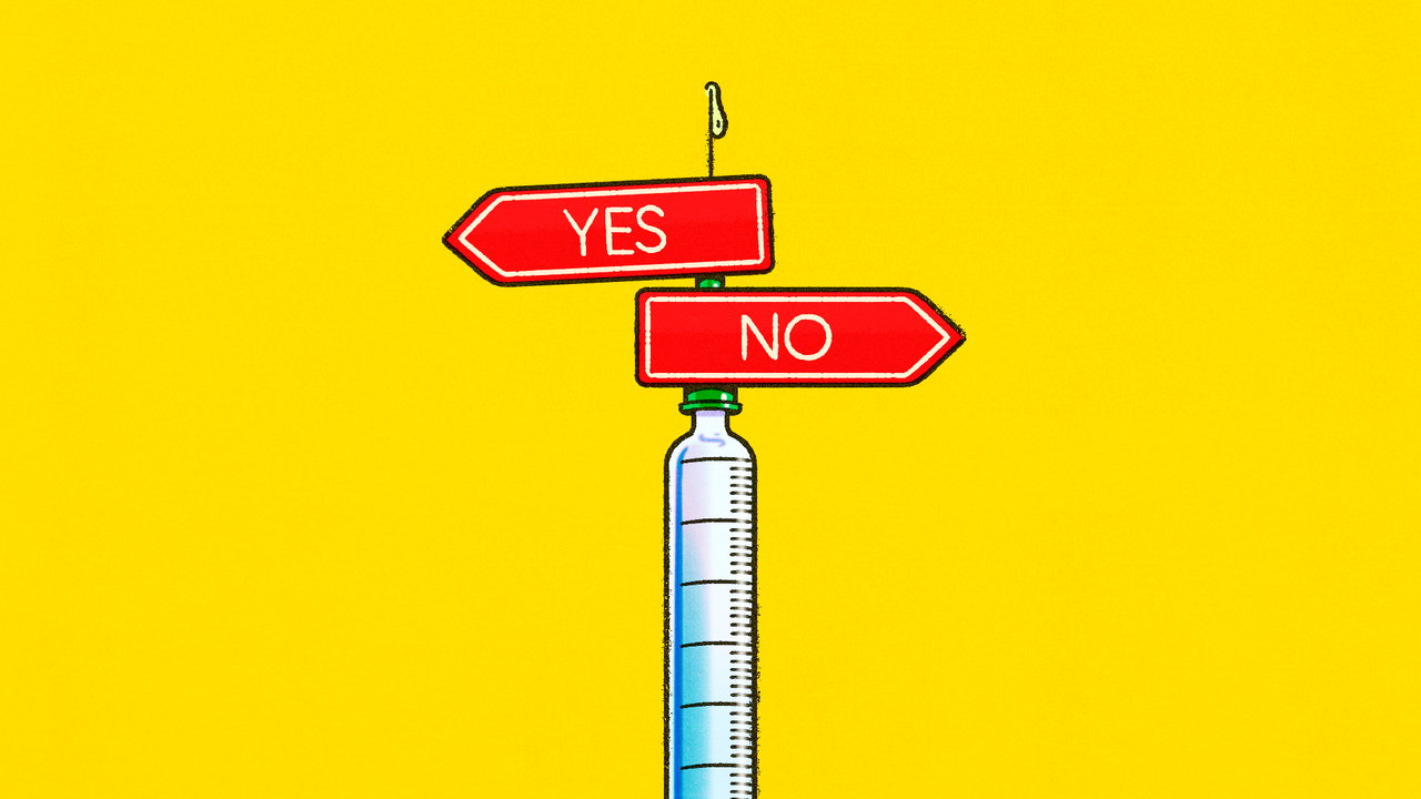 Illustration of a syringe standing upright against a bright yellow background. At the top of the syringe are two red directional signs pointing in opposite directions, labeled 'YES' and 'NO'