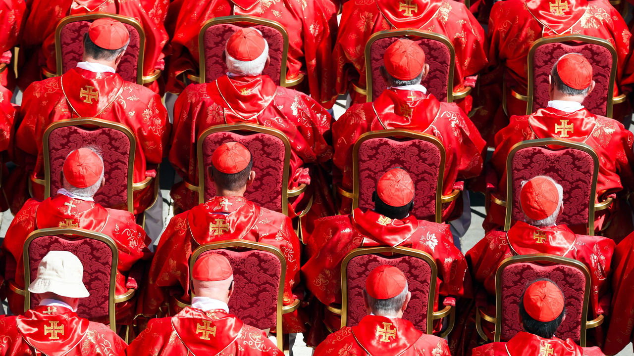 Aerial shot showing Cardinals at the funeral of Pope Francis in St. Peter’s Square.