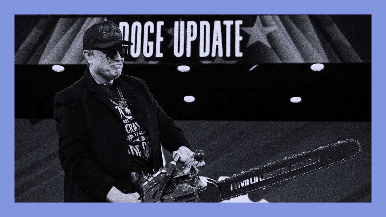 Elon Musk holds a chainsaw reading Long live freedom, damn it during the annual CPAC conference with 'DOGE UPDATE' detailed on background of stage setting.