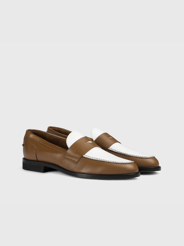 Two-tone brown and white leather loafer