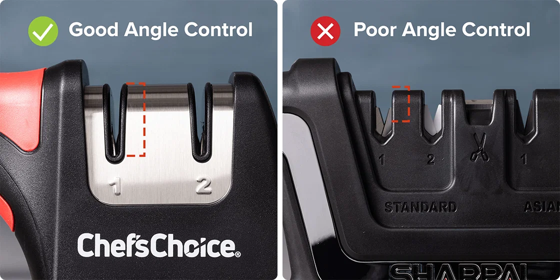 Close-up showing slot opening depths of two different pull-through sharpeners