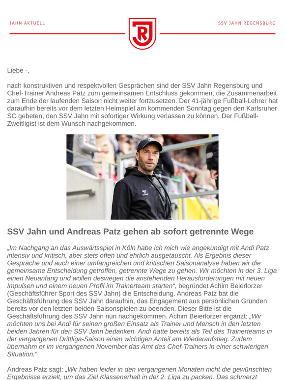 Jahn Aktuell | SSV Jahn und Andreas Patz gehen ab sofort getrennte Wege