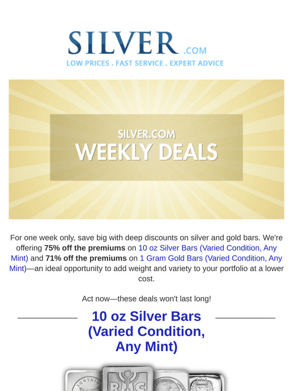 Up to 75% Off Premiums on Silver and Gold Bars – One Week Only