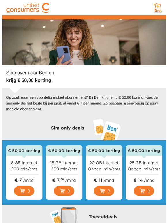 Ben deals die je niet kunt laten liggen! ✔️ Krijg E 50,00 korting ✔️ Sim only vanaf E 7