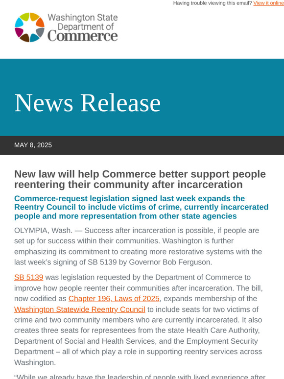 New law will help Commerce better support people reentering their community after incarceration