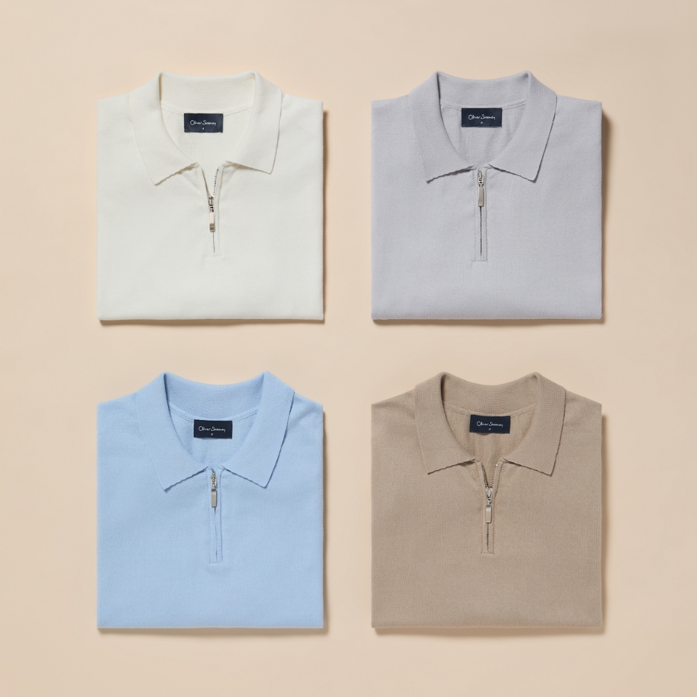 netherfield ecru, grey, sky blue and stone quarter zip polo shirt