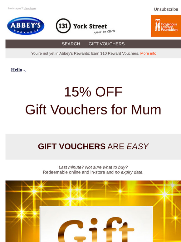 SAVE 15% on Gift Vouchers for Mum • Gift Vouchers are quick & easy