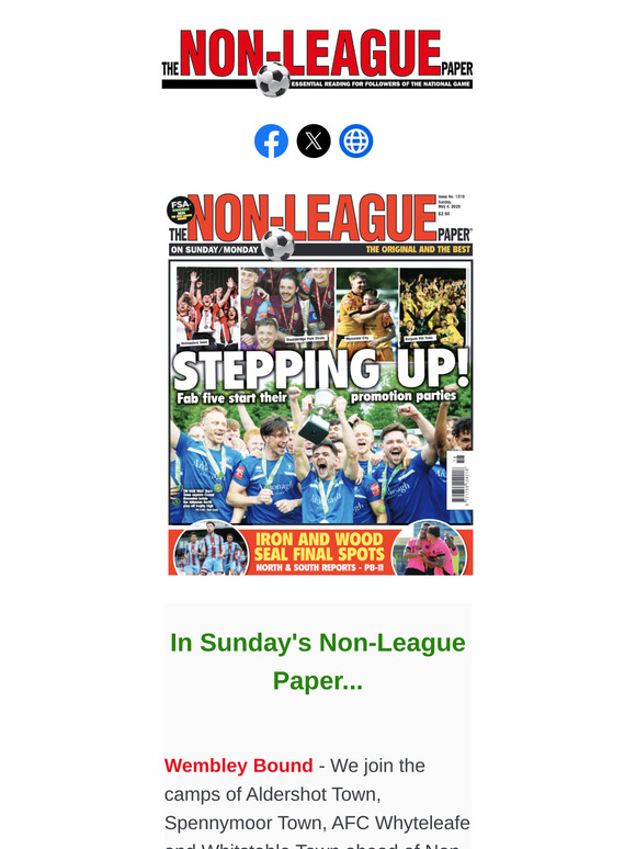IN SUNDAY'S NLP PAPER > We join Aldershot Town, AFC Whyteleafe and Whitstable Town ahead of Non-League Finals Day / Previewing the National League Play-off Eliminators /  Looking back at the National League North and South semi-finals