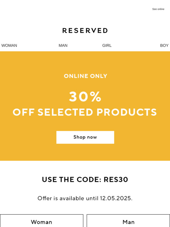 📢 Online only: 30% off selected products