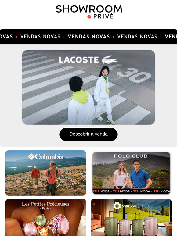 LACOSTE, iROBOT, COLUMBIA e 9 novas vendas online hoje