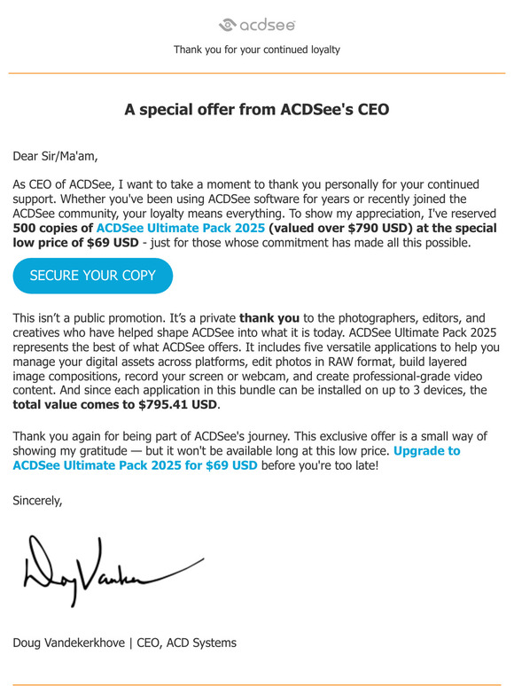 A personal message from our CEO Sir/Ma'am