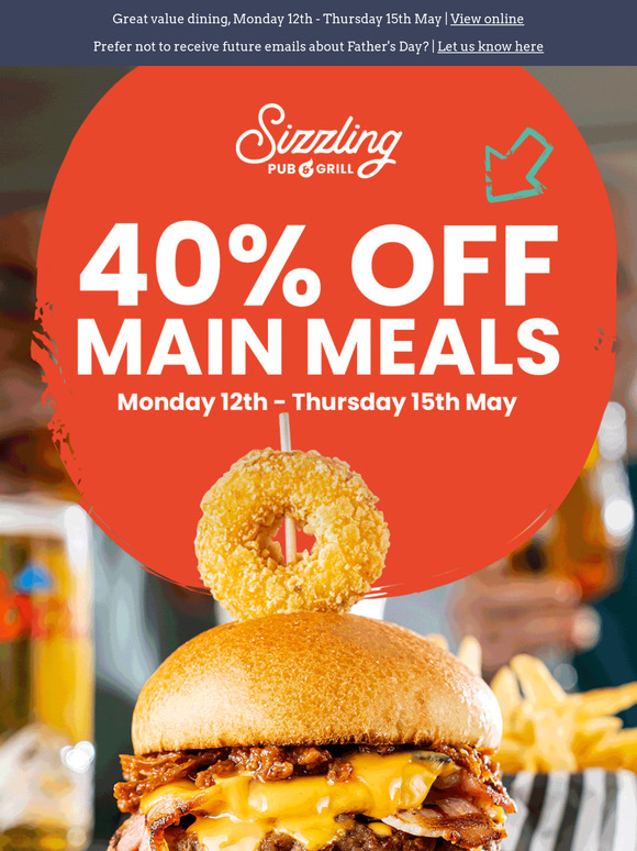 —, 40% off mains inside! 🍽