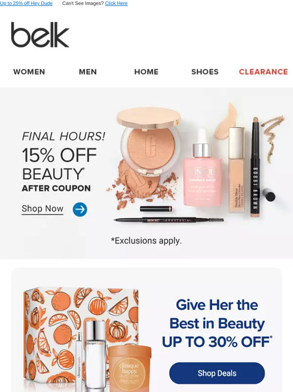Last chance! ⏳ Just hours left for 15% off beauty & up to 60% off select brands