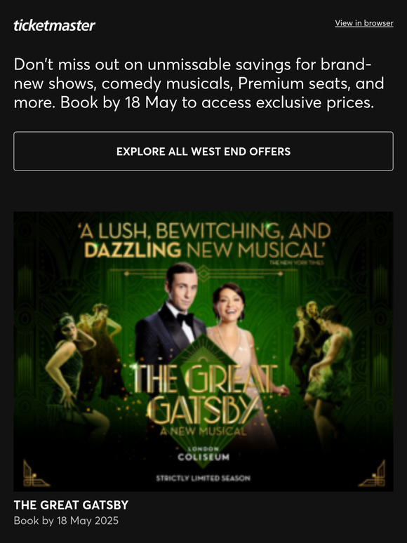 Great savings on The Book of Mormon, The Great Gatsby, Les Misérables, and more