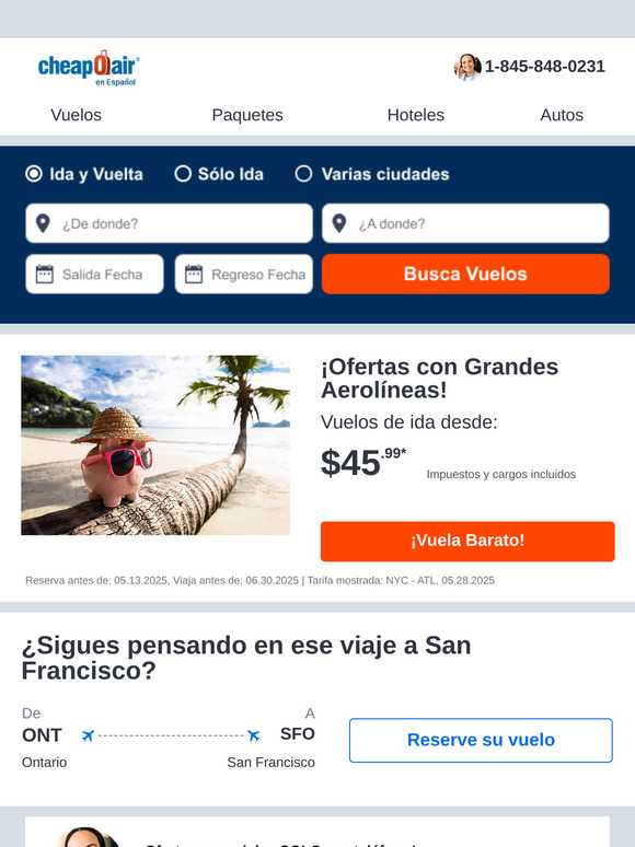 ✈¡Ofertas con Grandes Aerolíneas! Vuela de Ida desde $45.99