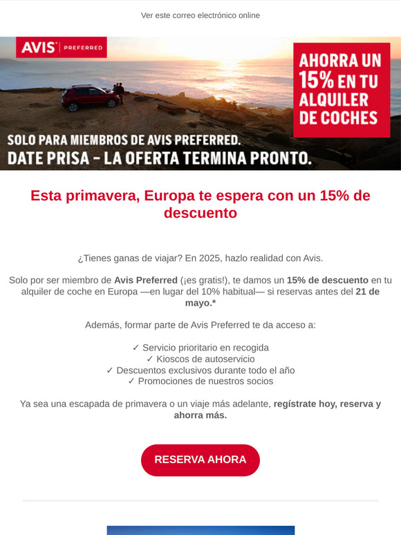Un 15% de descuento para miembros de Avis Preferred