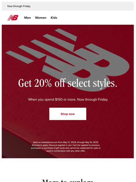 Spend $150 or more, get 20% off select styles.