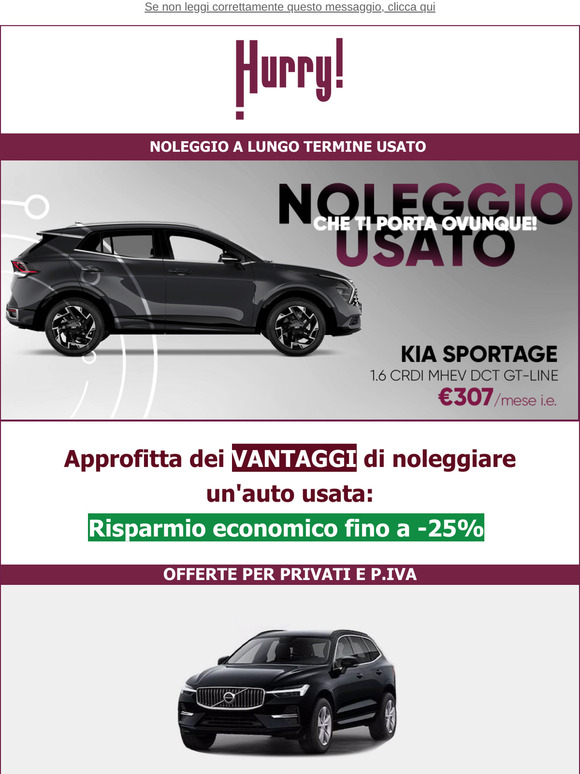 💲FINO al -25% sul NOLEGGIO DI UN' AUTO USATA🚘: Sportage, 5008, Q3 Sportback, e tante altre!